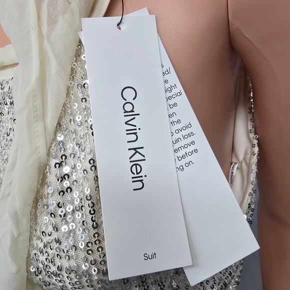 NWT Calvin Klein Sequin Top Blouse Size M Sleeveless Tie Front Halter neck Cream - Picture 12 of 13